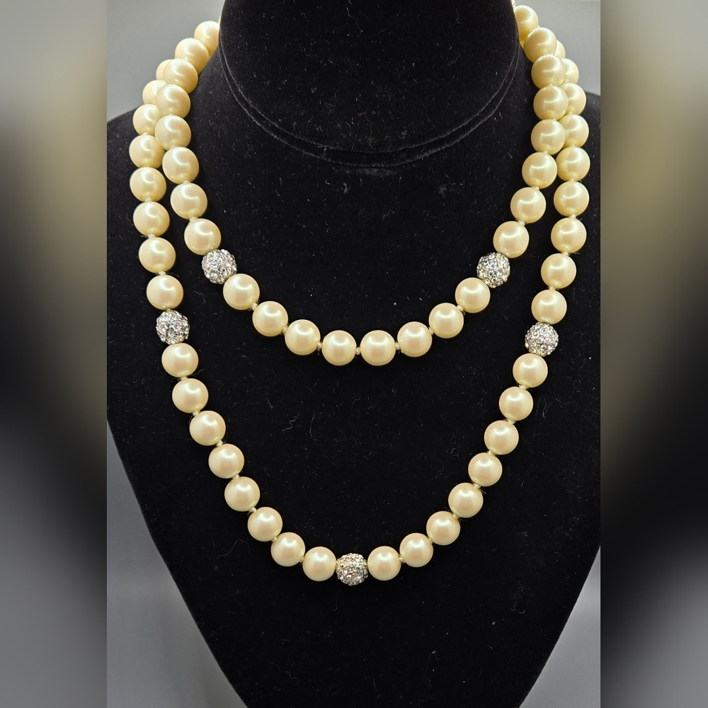 Charming Charlie Faux Pearl Necklace with Crystal Embedded Shambala Knotted 34"